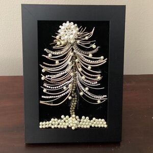 Handmade Christmas tree art upcycled earrings faux pearls framed picture mantle
